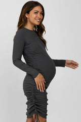 Charcoal Ribbed Ruched Side Tie Maternity Fitted Dress