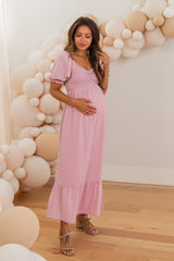 Pink Smocked Sweetheart Neck Maternity Maxi Dress