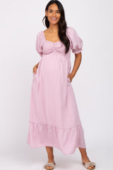 Pink Smocked Sweetheart Neck Maternity Maxi Dress