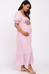 Pink Smocked Sweetheart Neck Maternity Maxi Dress