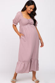 Taupe Smocked Sweetheart Neck Maternity Maxi Dress