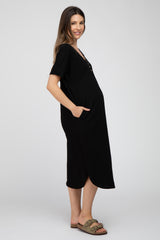 Black Button Accent Oversized Maternity Midi Dress