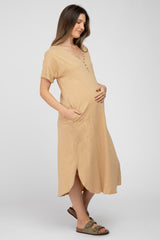 Camel Button Accent Oversized Maternity Midi Dress