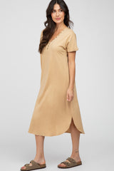 Camel Button Accent Oversized Midi Dress