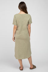 Light Olive Button Accent Oversized Maternity Midi Dress