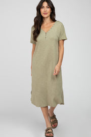 Light Olive Button Accent Oversized Midi Dress