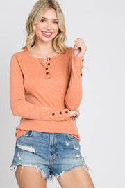 Dark Peach Henley Long Sleeve Top