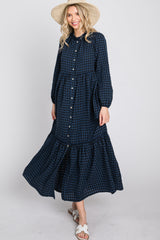 Navy Blue Checkered Button Front Ruffle Neck Maxi Dress