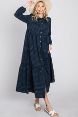 Navy Blue Checkered Button Front Ruffle Neck Maxi Dress