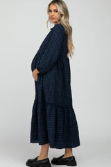 Navy Blue Checkered Button Front Ruffle Neck Maternity Maxi Dress