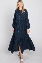 Navy Blue Checkered Button Front Ruffle Neck Maxi Dress