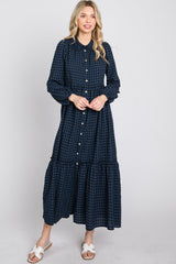 Navy Blue Checkered Button Front Ruffle Neck Maxi Dress