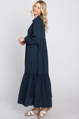 Navy Blue Checkered Button Front Ruffle Neck Maxi Dress