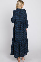 Navy Blue Checkered Button Front Ruffle Neck Maxi Dress