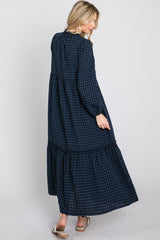 Navy Blue Checkered Button Front Ruffle Neck Maxi Dress