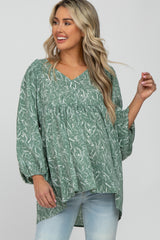 Light Olive Floral Smocked Shoulder Hi-Low Maternity Top