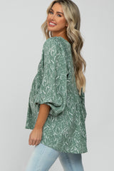 Light Olive Floral Smocked Shoulder Hi-Low Maternity Top