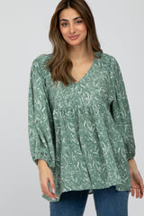 Light Olive Floral Smocked Shoulder Hi-Low Maternity Top