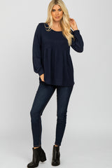 Navy Textured Knit Babydoll Long Sleeve Top