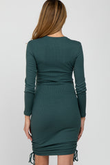 Green Ribbed Long Sleeve Ruched Maternity Dress