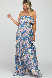 Blue Floral Strapless Ruffle Front Maternity Maxi Dress