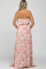 Pink Floral Strapless Ruffle Front Maternity Maxi Dress