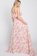 Pink Floral Strapless Ruffle Front Maxi Dress