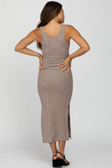 Taupe Sleeveless Ribbed Side Slit Maternity Dress