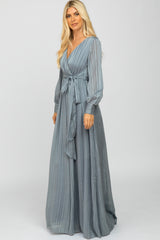 Blue Striped Shimmer Chiffon Maxi Dress