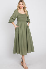 Olive Smocked Midi Dress