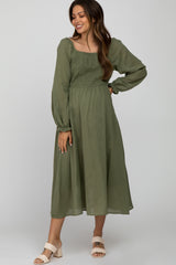 Olive Smocked Maternity Midi Dress