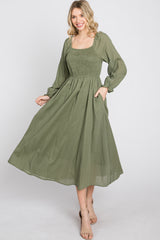 Olive Smocked Midi Dress