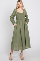 Olive Smocked Midi Dress