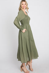 Olive Smocked Midi Dress