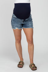 Blue Washed Slightly Distressed Maternity Jean Shorts