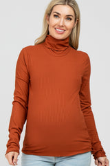 Rust Ribbed Knit Turtleneck Maternity Top