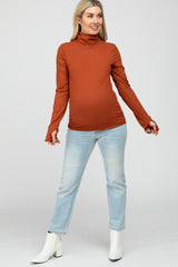 Rust Ribbed Knit Turtleneck Maternity Top