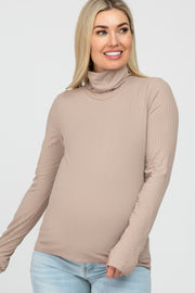 Taupe Ribbed Knit Turtleneck Maternity Top