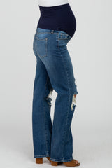 Navy Blue Distressed Ripped Knee Straight Maternity Jeans