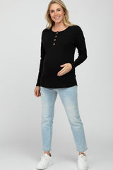 Black Slub Knit Maternity Henley Top