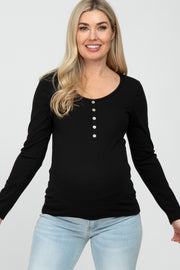 Black Ribbed Button Accent Maternity Top