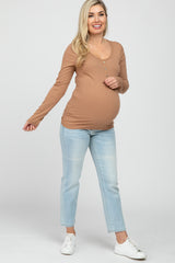 Mocha Ribbed Button Accent Maternity Top