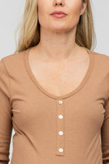 Mocha Ribbed Button Accent Maternity Top