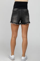 Black Distressed Fringe Hem Maternity Jean Shorts