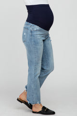 Light Blue Distressed Raw Hem Straight Maternity Jeans