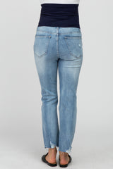 Light Blue Distressed Raw Hem Straight Maternity Jeans