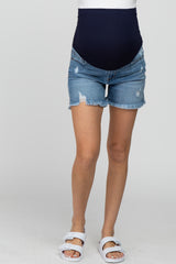 Blue Distressed Fringe Hem Maternity Jean Shorts