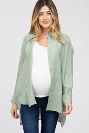 Light Olive Collared Button Down Hi-Low Maternity Top