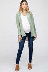 Light Olive Collared Button Down Hi-Low Maternity Top