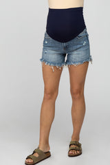 Blue Distressed Fringe Hem Maternity Jean Shorts